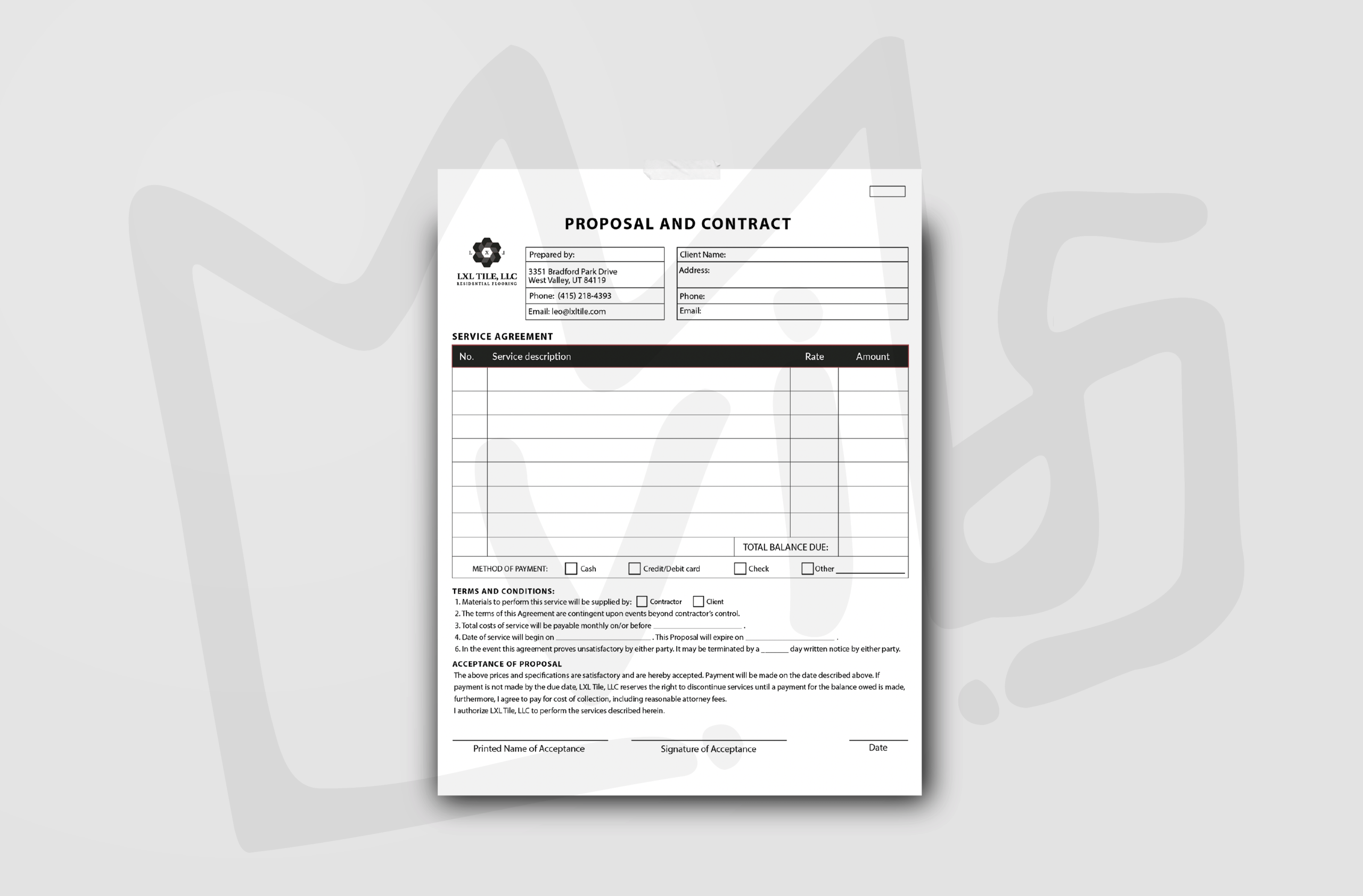 Contract design mockup